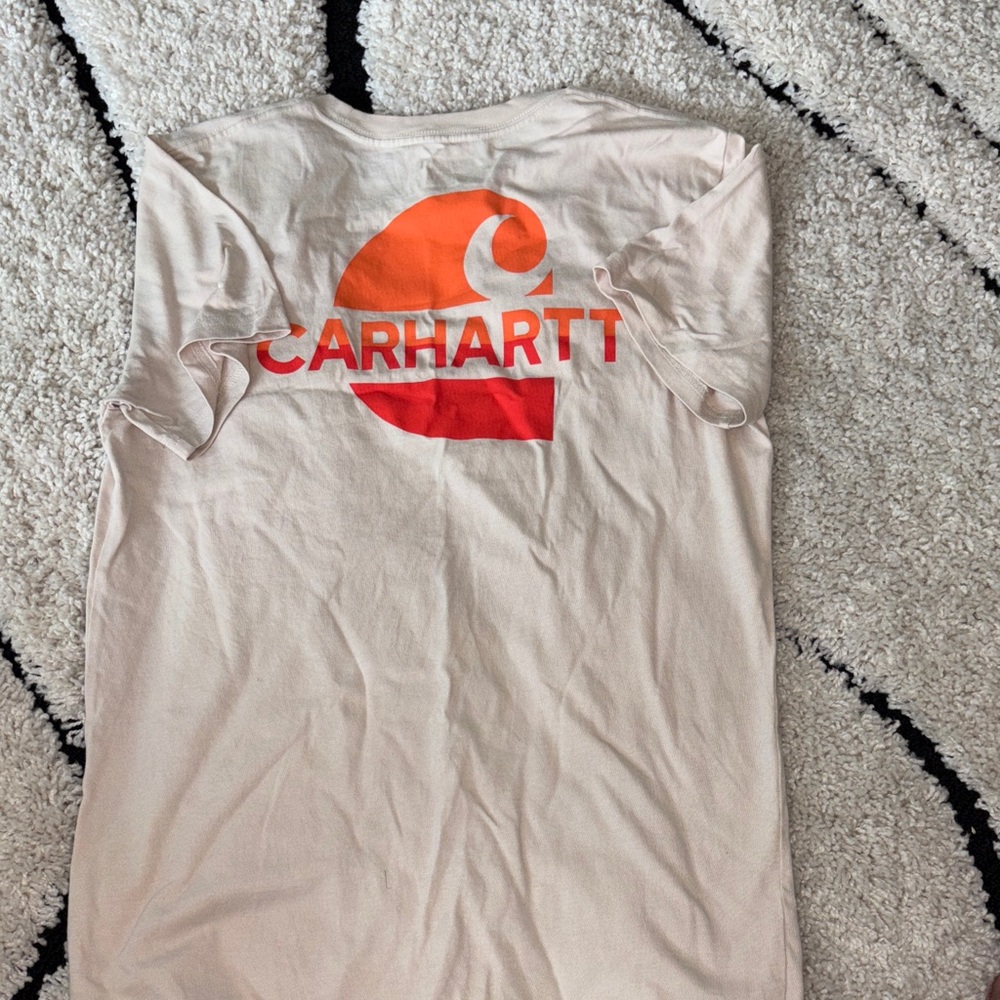 Carhartt Light Tan Tee with Vibrant Red-Orange Logo